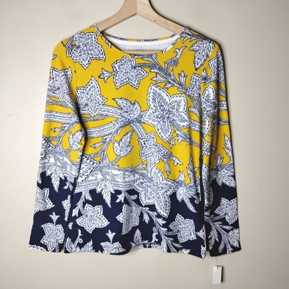 NWT Talbots Long Sleeve Tee PS Yellow Blue Floral Print Casual Top - Picture 3 of 8